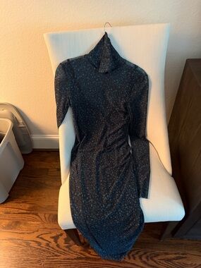 Astr Navy Turtleneck Long Sleeve Floral Midi Dress